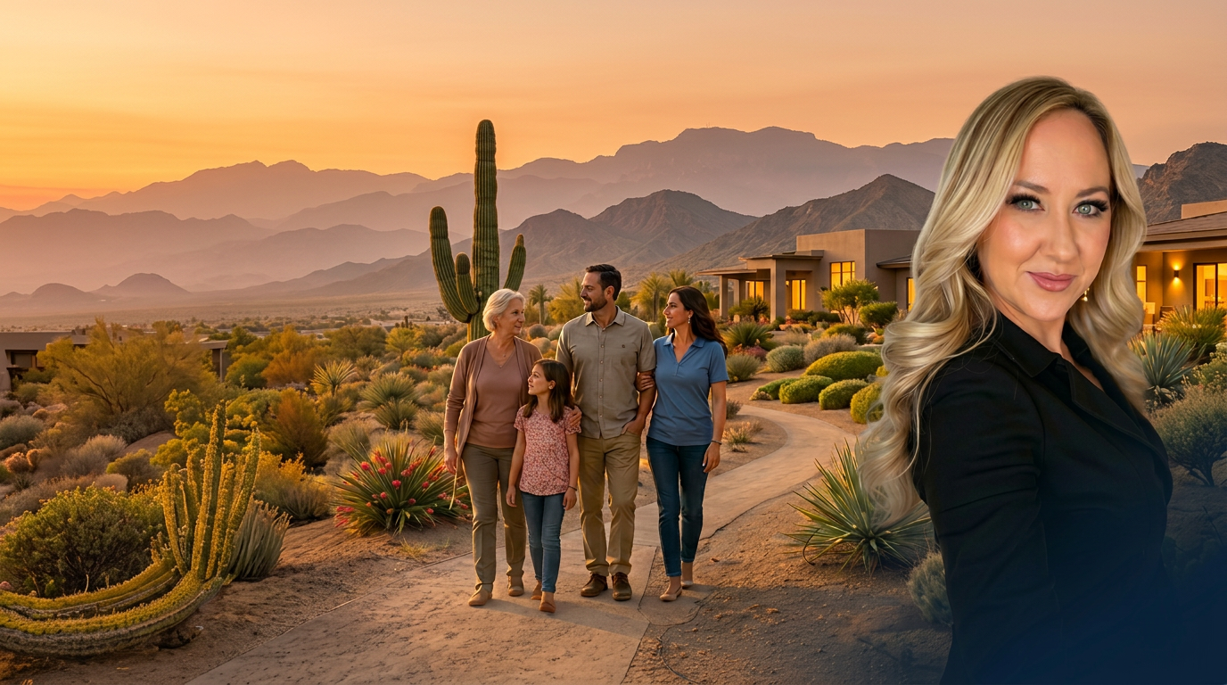 Arizona family walking through a desert senior living community with Abigail from AdvaCare