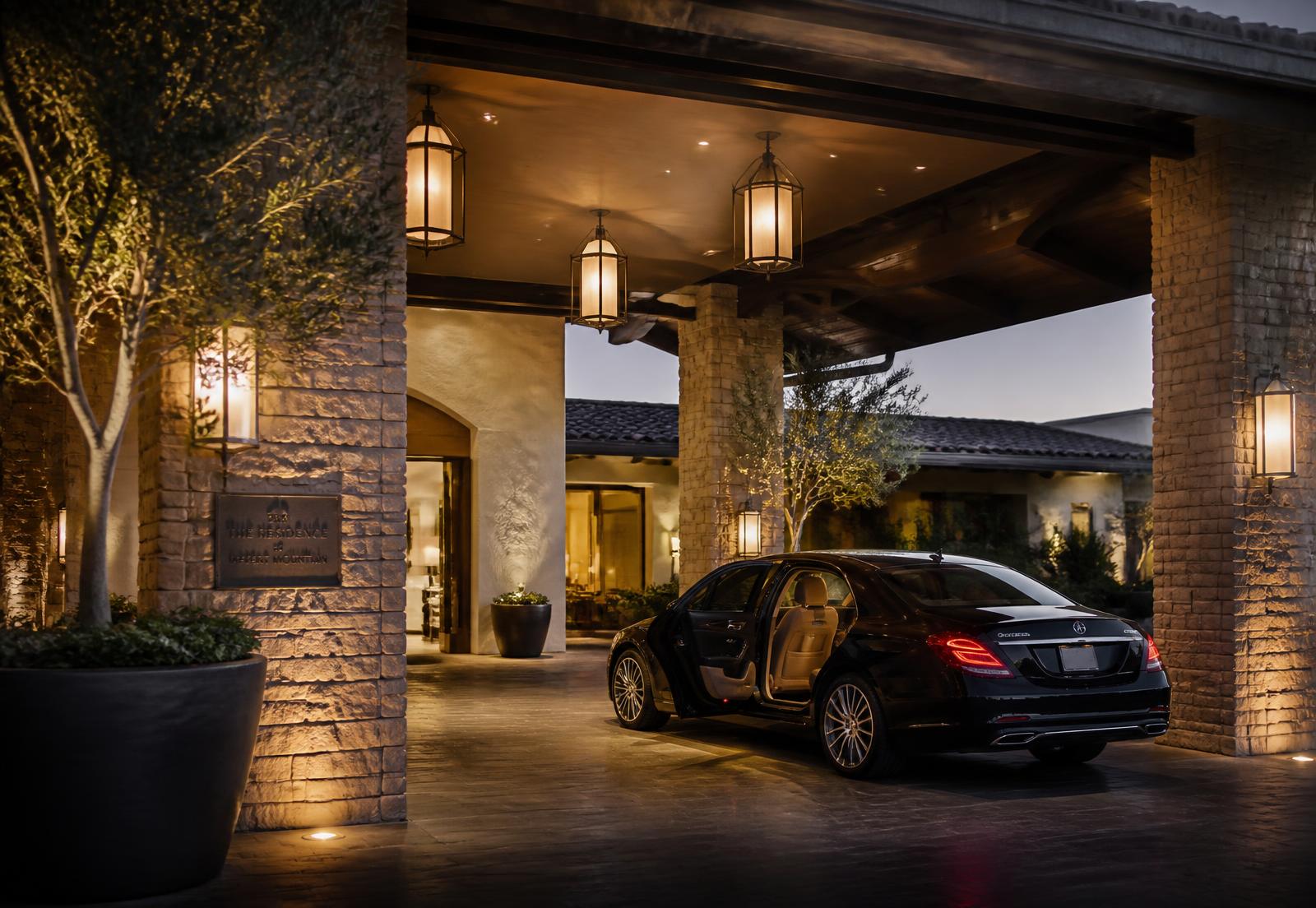 A lantern-lit porte-cochere arrival at an upscale Arizona senior living residence at dusk
