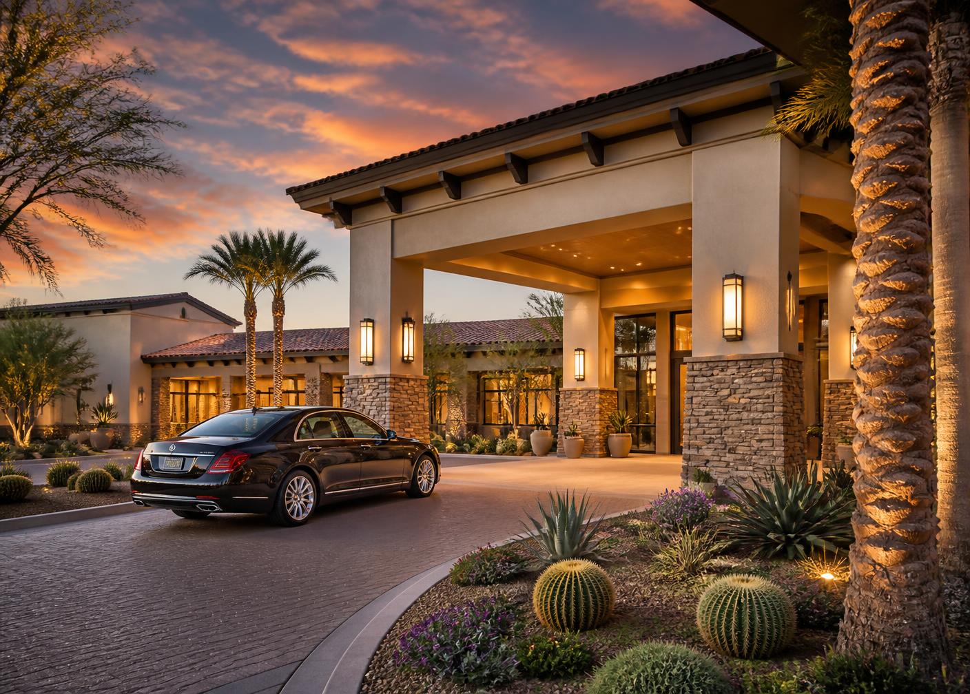 Luxury Arizona senior living community entrance at golden hour