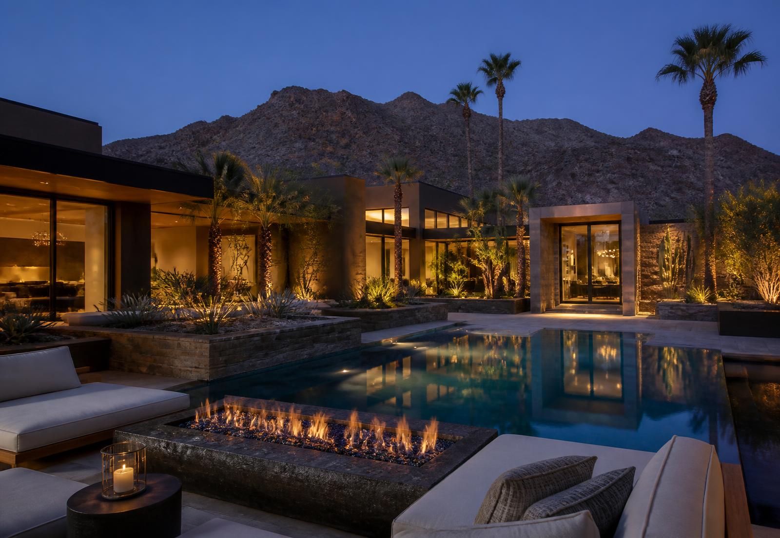 A serene Arizona residence courtyard at dusk with a quiet pool and low fire feature