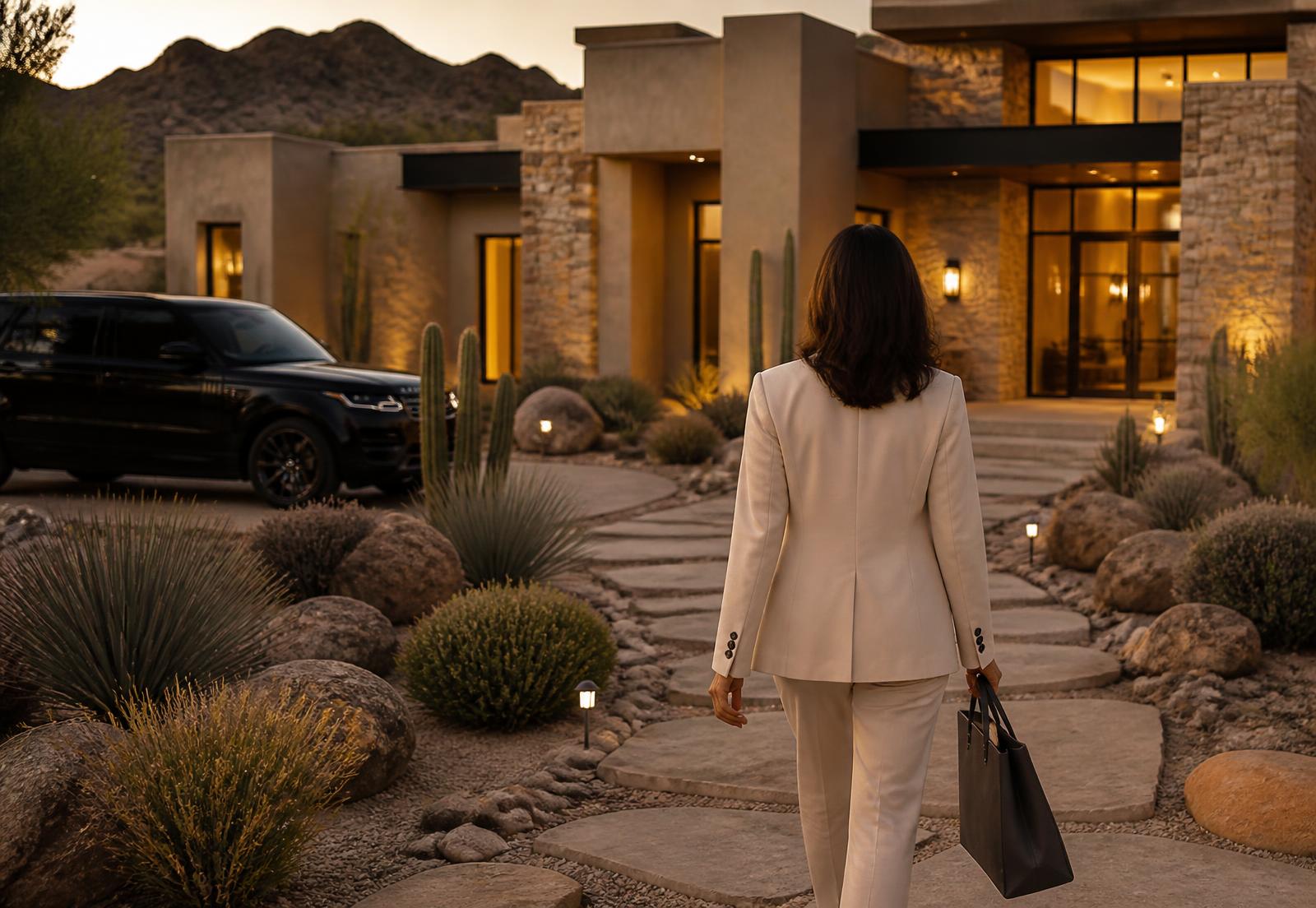 Seen from behind, an AdvaCare advisor walking toward a warmly illuminated Arizona luxury residence at golden hour, a discreet black executive SUV parked nearby