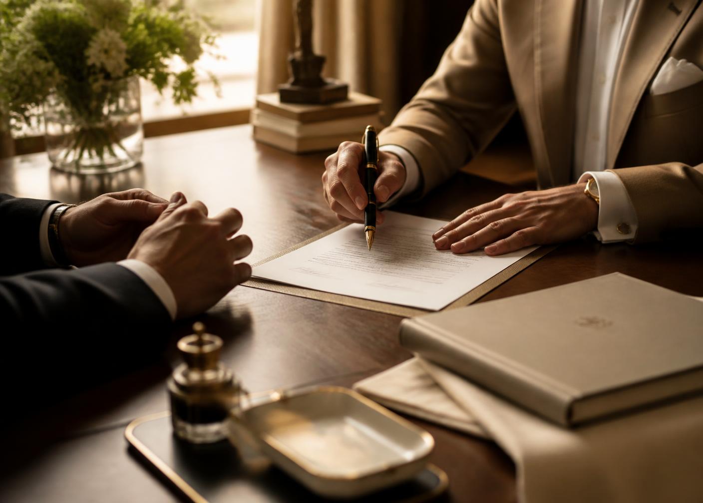 A private, unhurried planning conversation at a walnut desk with documents and a fountain pen