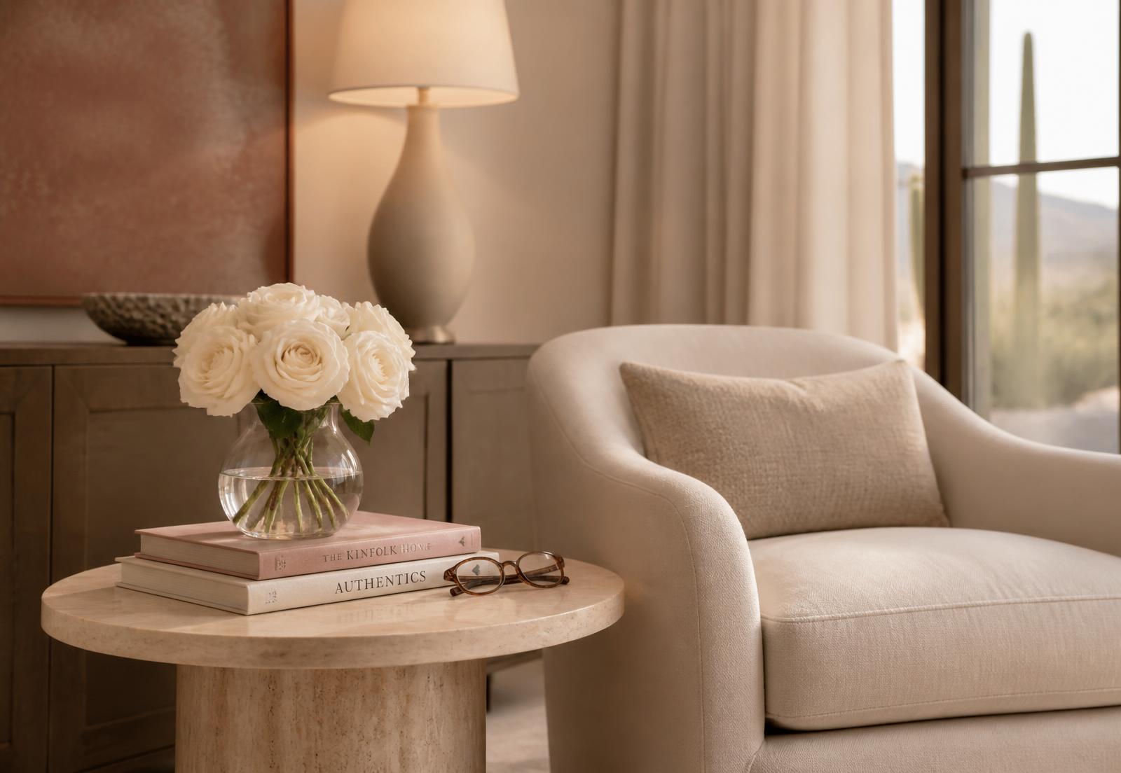 A refined private sitting room with white roses, books, and soft Arizona morning light